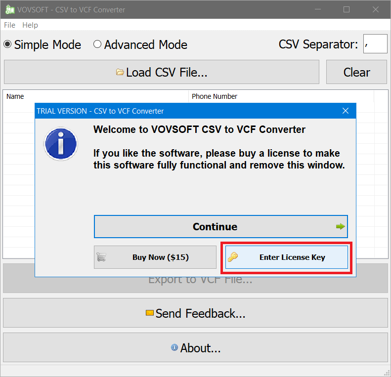 VovSoft CSV to VCF Converter 1.5 Activating 1