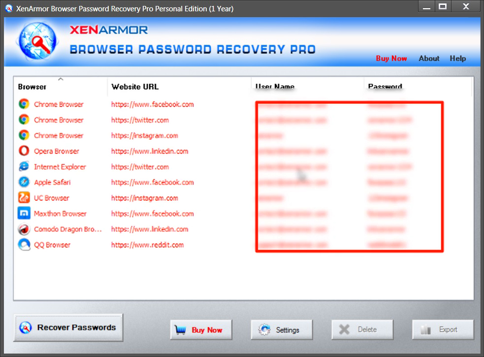 XenArmor Browser Password Recovery Pro 2022 Interface