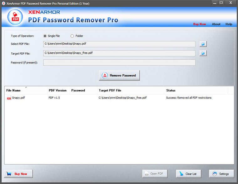XenArmor PDF Password Remover Pro 2022 Interface