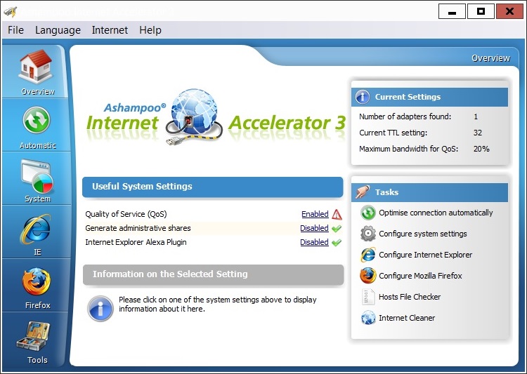 Ashampoo Internet Accelerator 3 Interface