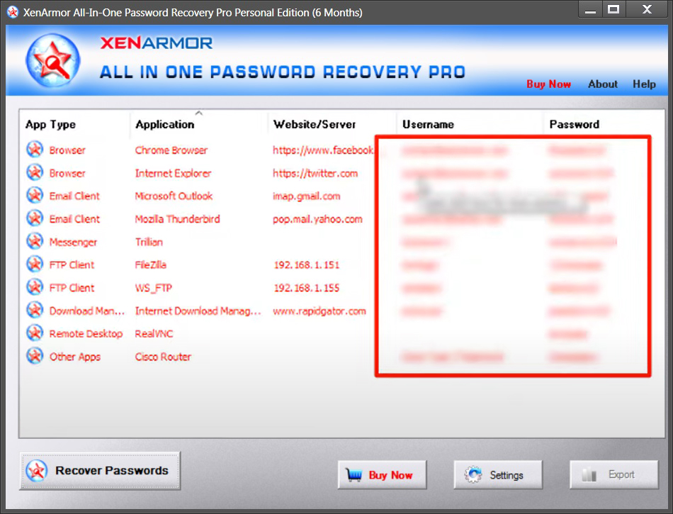 XenArmor All In One Password Recovery 8v Interface