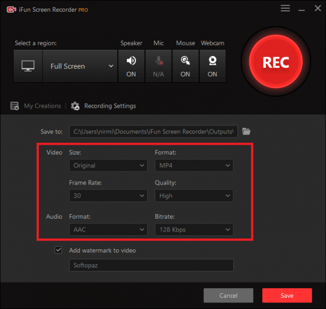 11 iFun Screen Recorder 1 output format settings