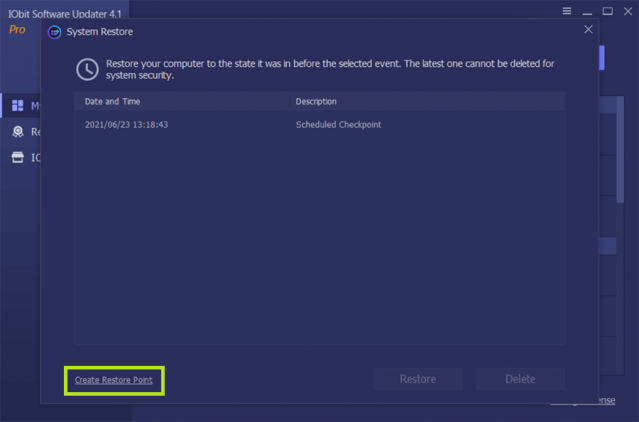 iObit Software Updater PRO 4 Create System Restore Point Review