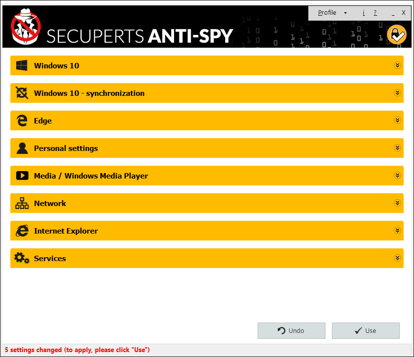 SecuPerts Anti Spy for Windows 10 Interface