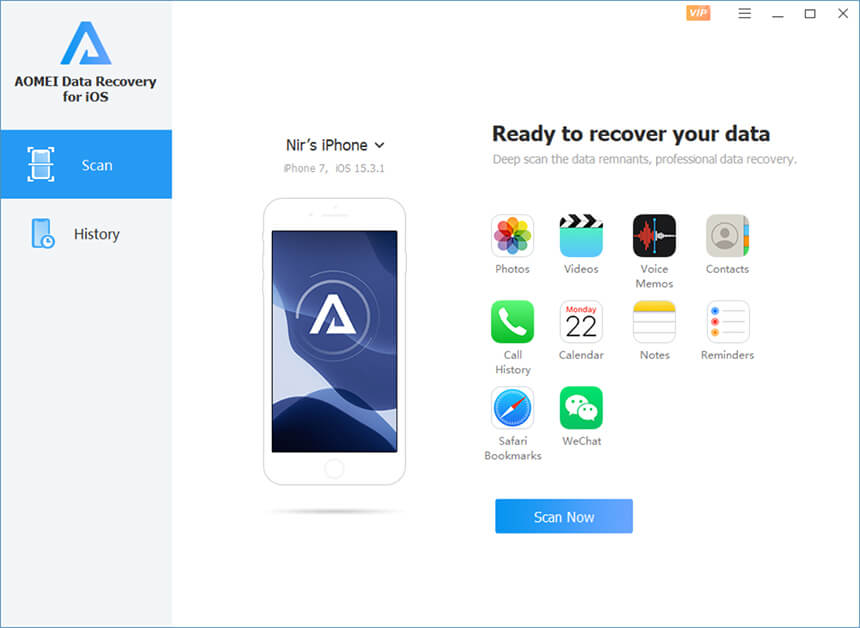 AOMEI Data Recovery for iOS 2.0v Interface